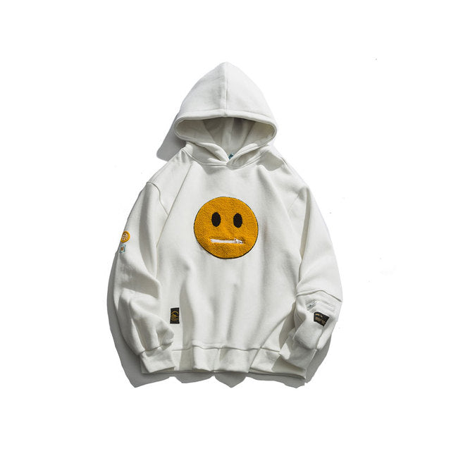 Zipper Pocket Smiley Face Patchwork Fleece Hoodies