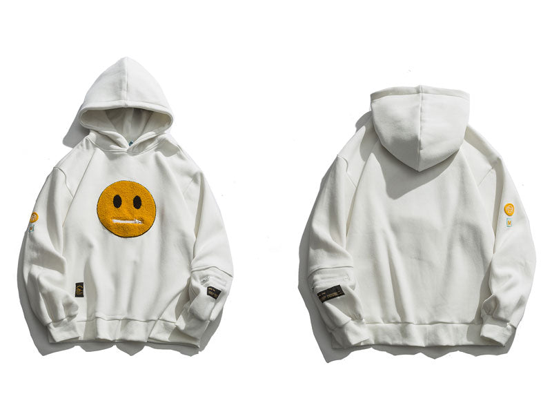 Zipper Pocket Smiley Face Patchwork Fleece Hoodies